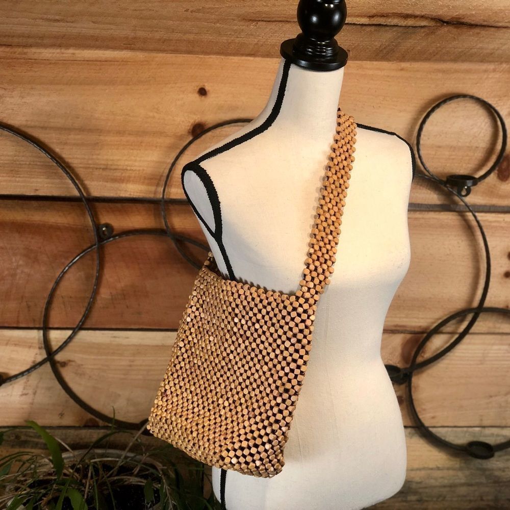 The Sak Beaded Shoulder Bag in Natural Wood Tones